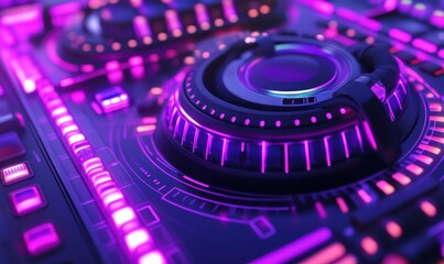 DJ mixing music on a controller with neon lights in a club