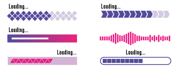 Set of loading and progress indicators. Digital elements in futuristic style for websites, interfaces and technology applications. Graphic icons and status bars for tracking processes