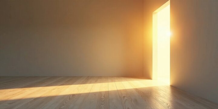 Golden Sunlight Illuminates Empty Room with Open Doorway, Casting Warm Hues Across Light Wood Floor
