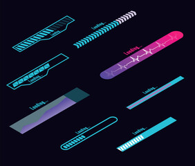 Set of loading and progress indicators. Digital elements in futuristic style for websites, interfaces and technology applications. Graphic icons and status bars for tracking processes