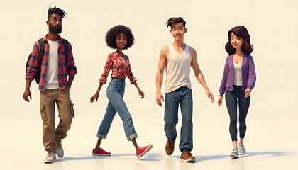 Fototapeta premium Group of happy young friends standing together in casual fashion, smiling and having fun outdoors