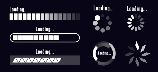 Naklejka premium Set of loading and progress indicators. Digital elements in futuristic style for websites, interfaces and technology applications. Graphic icons and status bars for tracking processes