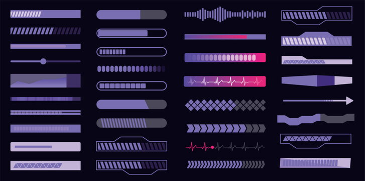 Set of loading and progress indicators. Digital elements in futuristic style for websites, interfaces and technology applications. Graphic icons and status bars for tracking processes