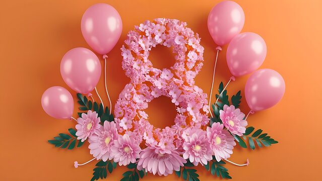 happy women's day typography  with flowers background greeting 8march international  women's day