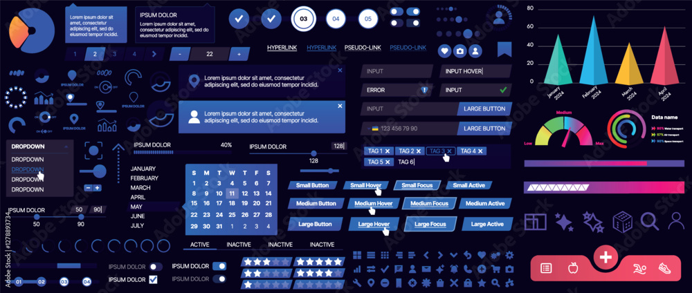 Poster set of buttons and interface elements for mobile apps and websites. modern design for navigation, co