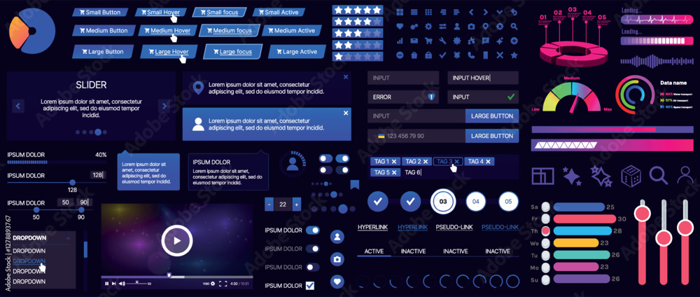Poster set of buttons and interface elements for mobile apps and websites. modern design for navigation, co