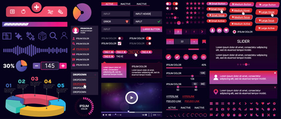 Set of buttons and interface elements for mobile apps and websites. Modern design for navigation, control and user interaction. Includes templates, menus, panels and icons
