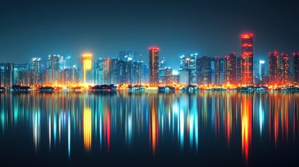 Fototapeta premium A stunning aerial view of a cityscape at night, showcasing vibrant lights and their reflection shimmering on the water's surface.