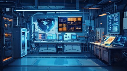 A computer lab with a large monitor on the wall