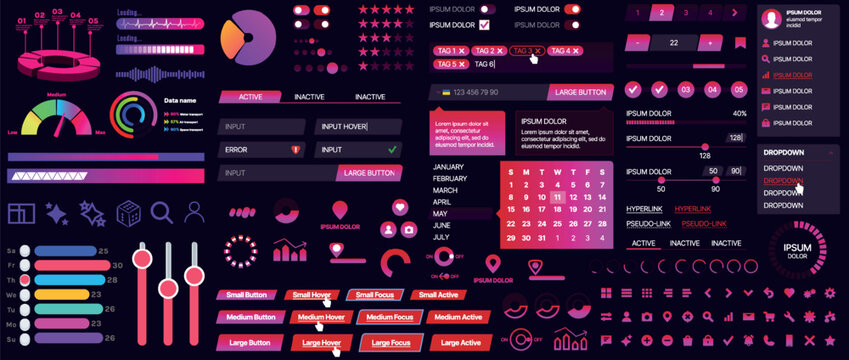 Set of buttons and interface elements for mobile apps and websites. Modern design for navigation, control and user interaction. Includes templates, menus, panels and icons