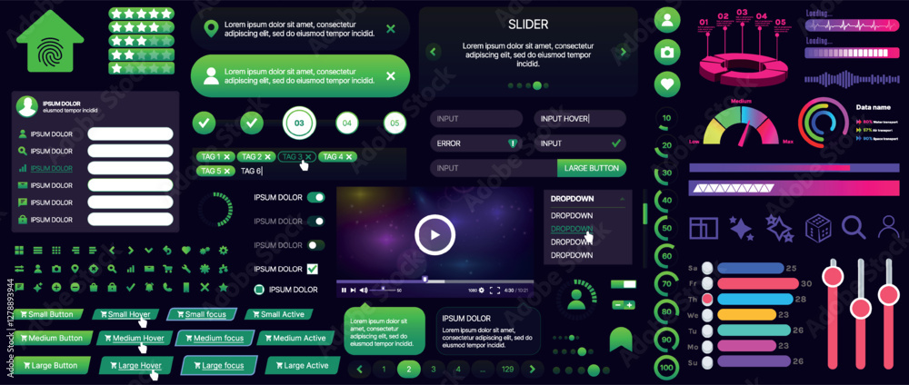 Poster set of buttons and interface elements for mobile apps and websites. modern design for navigation, co