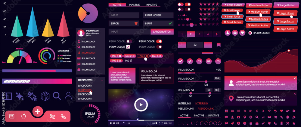 Poster set of buttons and interface elements for mobile apps and websites. modern design for navigation, co