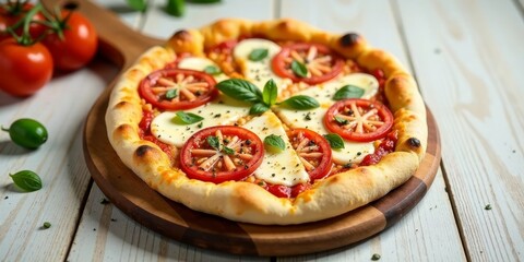 Delicious Homemade Pizza with Fresh Tomatoes and Mozzarella Cheese on Rustic Wooden Board
