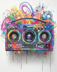 Fototapeta premium Vibrant Graffiti Boombox with Soundwaves and Colorful Drips
