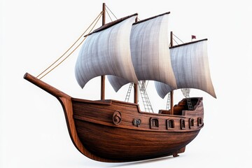 3D illustration of an old wooden pirate sailing ship isolated on a transparent background