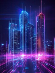 Fototapeta premium A cityscape with neon lights and buildings in the background