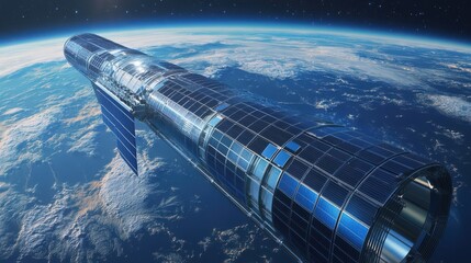 Obraz premium A large space ship is floating in the sky above the Earth