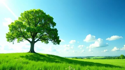 Fototapeta premium Serene Landscape Featuring a Lush Green Tree on a Rolling Hill Under a Vivid Blue Sky with Puffy White Clouds
