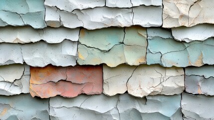 Detailed Texture of Weathered Painted Wooden Shingles with Cracks and Faded Colors