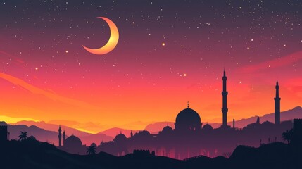 Obraz premium Serene Night in the Middle East: A Starry Silhouette of Mosques Under a Crescent Moon