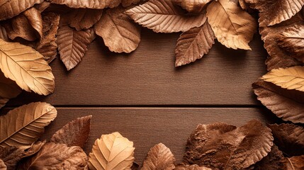 A wooden surface adorned with an assortment of fresh, vibrant leaves, showcasing nature's beauty and textures.
