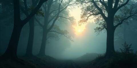 Serene Dawn in a Misty Woodland Path, Where Sunlight Filters Through Ancient Trees, Creating a Magical Atmosphere
