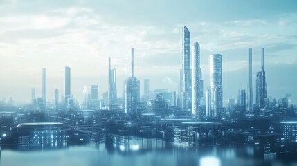 Fototapeta premium A futuristic cityscape with tall buildings and a large body of water