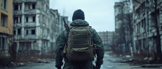 A solitary figure in a hood and backpack walks through an abandoned city street, surrounded by dilapidated buildings, evoking a post-apocalyptic vibe.