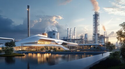 Fototapeta premium A large industrial complex with a large body of water in front of it