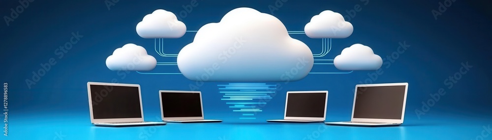 Poster cloud system service provider. cloud computing concept with laptops connected to digital clouds on a