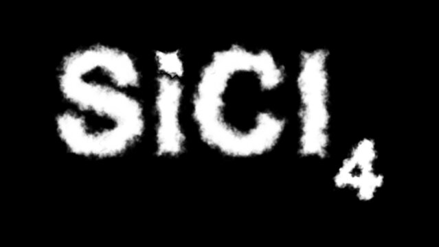 "SiCl₄" text or word appearing as a smoke cloud effect on a black background, representing the silicon tetrachloride molecule in a dramatic and mysterious style