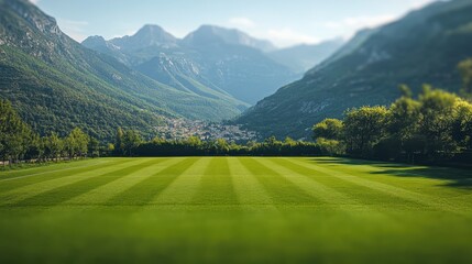 A serene green field stretches out, framed by a majestic mountain range under a clear blue sky, showcasing nature's tranquil beauty.