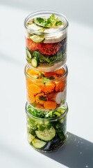 Fototapeta premium Fermenting colorful vegetables in jars soft kitchen light eye-level view culinary art home cooking
