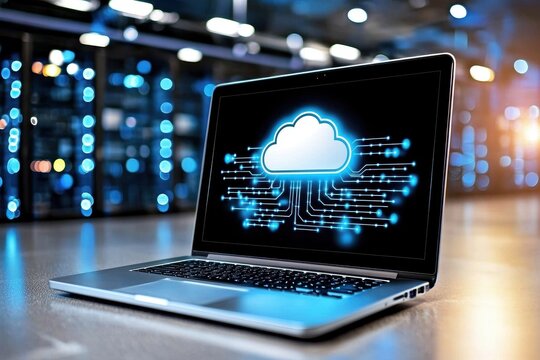 Cloud system service provider. A laptop displaying a cloud symbol, representing cloud computing technology in a data center.