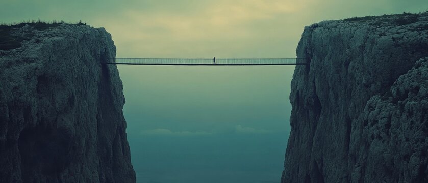 A lone figure stands on a precarious bridge spanning across two massive rock formations, shrouded in eerie twilight, representing courage and solitude.