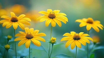 A vibrant field of yellow flowers surrounded by lush green leaves, showcasing the beauty of nature's colors and seasonal blooms.