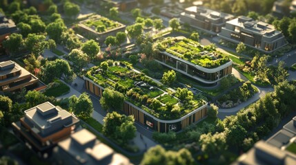 A cityscape with a lot of green roofs and trees