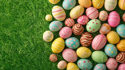Colorful Easter eggs on green grass