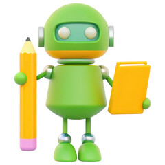 Fototapeta premium Green Robot Character Holding Pencil and Notepad on Transparent Background