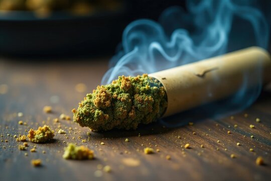 Joint with wax oil and kief on a wooden table, wooden table, joint, smoke