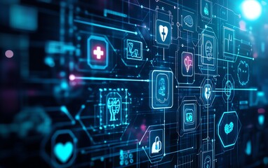 Innovative digital healthcare technology concept with futuristic interface displaying icons of medical and financial data, symbolizing health and finance integration
