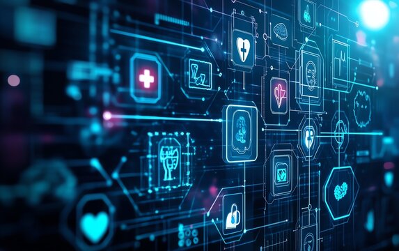 Innovative digital healthcare technology concept with futuristic interface displaying icons of medical and financial data, symbolizing health and finance integration