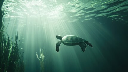 Obraz premium A turtle swimming in the ocean with sunlight shining on it