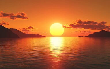 3D view of a glowing orange sun setting behind the horizon, surrounding landscape lit with golden shades, creating a sunny reflection path in water