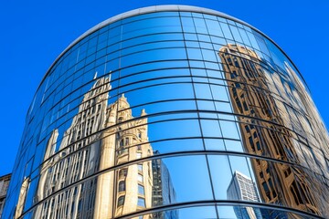 A captivating image of a curved glass building displaying intricate reflections of neighboring structures, blending urban architecture with artistic visual interplay in London UK