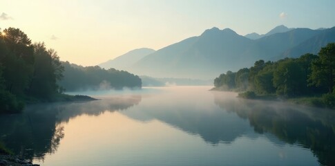 Fototapeta premium misty morning over the river with a distant mountain range in the background, scenery, landscape