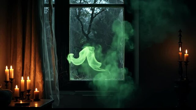 Spooky Smoke by the Window: An eerie ambiance, with dancing green smoke against a foreboding outdoor scene framed by a mysterious window, flickering candlelight, and a sense of suspense.