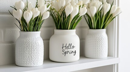 Delicate spring flowers in vases brighten a white shelf, with a cozy framed message welcoming the new season of spring