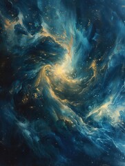 Deep-space blues and shimmering gold evoke a cosmic, dreamlike nebula atmosphere
