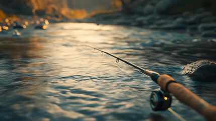Close-up of a fly fishing rod casting on a river. 